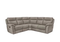 a gray couch with two recliners on it's back and one arm facing the