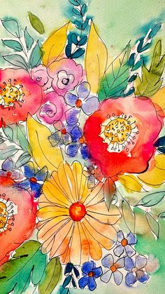 watercolor painting of colorful flowers and leaves