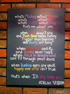 a blackboard with words written on it in front of a brick wall that says, what's mickey mouse without him?