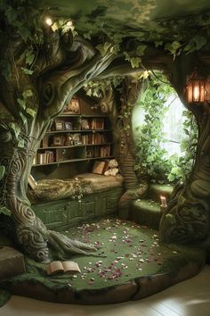 Transform a corner into an enchanted forest-themed reading nook with tree decals and hanging vines, making reading an adventure, ideal for a boho playroom. Click for more enchanted nook designs. Tree Themed Bedroom, Woodland Reading Nook, Forest Reading Nook, Boho Treehouse, Enchanted Forest Room, Forest Baby Rooms, Wildflower Mural, Cubby House Ideas, Rainbow Mural