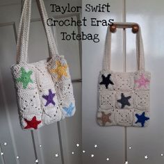 two crocheted purses hanging from hooks on a door with the words taylor swift crochet eras tote bag