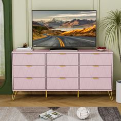 This elegant double dresser elevates your bedroom with a glam look thanks to its gold-finished hairpin legs and clean lines. We love that it features nine drawers with metal slides, so there's plenty of room to tuck away your favorite tees, socks, and slacks. This nearly 59" wide dresser is made from solid and engineered wood with a neutral finish. On the front, it has an etched geometric motif and sleek handles with a golden hue for a luxe feel in your space. Plus, this dresser offers much room Nyc Apt, Wide Dresser, 9 Drawer Dresser, Lamp Color, Geometric Motif, Metal Slide, Glam Look, Double Dresser, Bedroom Dressers