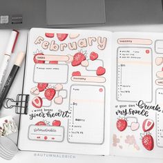 an open planner with strawberries on it and the words february written in cursive writing