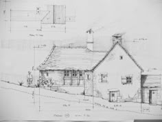 a drawing of a house on top of a hill with plans for the roof and windows