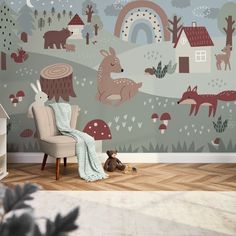 a child's room with a wall mural featuring animals, trees and rainbows