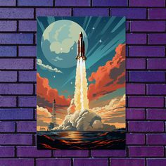 a space shuttle taking off into the night sky with clouds and stars above it on a purple brick wall