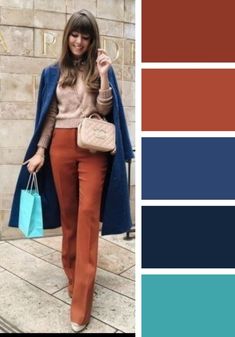 Contrast Colour Outfits, Rust Orange Outfits Color Combos, Copper Colored Pants Outfit, Blue Pants Outfit Fall, Colors To Wear In Winter, Purple And Orange Outfit Ideas, Gray And Orange Outfit, Rust Colored Outfits, Rust Orange Pants Outfit