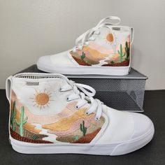 New Without Tags Embroidered Colorful Desert Scape Is A Work Of Art. Yelllow Floral Sole. Unique! Quick Ship! @Southwest, Desert, Vacation, Travel, Fun. Summer Custom Embroidered Shoes, Converse Shoe Painting Ideas, Custom Canvas Shoes, Embroidered Canvas Shoes, Summer Embroidered Slip-on Sneakers, Embroidered Slip-on Sneakers For Summer, Casual Embroidered Closed Toe Sneakers, Yellow High-top Canvas Shoes For Spring, Yellow Lace-up Canvas Shoes For Spring