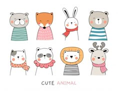 cute animals in sweaters and scarfs with the words cute animal on white background