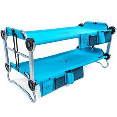 two blue bunk beds with wheels and storage bins on the bottom one is empty