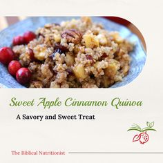 a blue plate topped with cranberry apple cinnamon quinoa