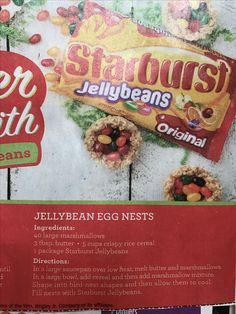 an advertisement for jelly bean nests on the side of a wooden table with other items