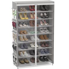 the shoe rack is open and has many pairs of shoes on it's shelves