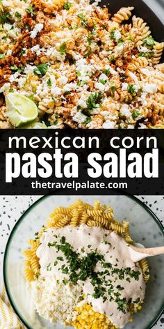 mexican corn pasta salad in a glass bowl with a wooden spoon next to it and the title overlay reads, mexican corn pasta