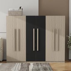 Available in black + natural wood, this wardrobe has six integrated doors and two built-in drawers in the middle for intimate clothing storage. Three hanging rods can accommodate a variety of clothing as needed, providing 8 storage spaces and 2 drawers to meet different storage needs. Each section can withstand up to 15 kg of weight for safe storage. The overall design is modern and simple, suitable for any contemporary home. It is both practical and beautiful, and is an ideal choice to enhance the style of the bedroom. Large Wardrobe Closet, Natural Wood And Black, Closet Storage Cabinets, Bedroom Closet Storage, Wood And Black, Bedroom Organization