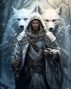 a painting of a man with two white wolfs