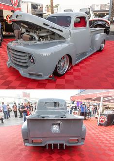 two pictures of an old truck on display