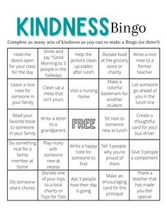 a printable game for kids to play with the words, kindness and bingo