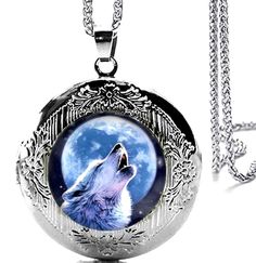 Silver Tone Wolf Howling at the Moon Locket Pendant Necklace Glass Cabochon Art Picture This Beautiful Wolf Necklace Made from Zinc Alloy and Rhodium Plated to make it look Beautiful and Comfortable to Wear The Locket Pendant is 1.25 Inch in Diameter the Stainless Steel Chain is 24" Gift Boxed. Will make an amazing Gift ! Shipping is Fast and Free . We ship by First Class Mail with tracking number.  Thank you for looking ! Silver Moon-shaped Locket Jewelry, Adjustable Round Metal Locket Necklace, Moon Locket, Wolf Howling At The Moon, Beautiful Wolf, Howling At The Moon, Wolf Necklace, Wolf Jewelry, Beautiful Wolves