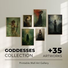 a white wall with paintings on it and the words goddesss collection 35 artwork works