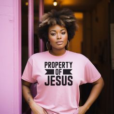 Property Of Jesus classic unisex jersey short sleeve tee fits like a well-loved favorite. Soft cotton and quality print make users fall in love with it over and over again. These t-shirts have-ribbed knit collars to bolster shaping. The shoulders have taping for better fit over time. Dual side seams hold the garment's shape for longer.  The Fabric is 100% airlume combed and ring-spun cotton (fiber content may vary for different colors), light has a tear away label and runs true to size. THE ORDERING INFO 1. Select item color from 1st drop down window (See color chart in pictures for options of colors. 2.Choose the item size from the second drop down window (See size chart in pictures for measurements. If you are not sure about sizing please measure your favorite shirt and compare measureme Christian Tee Shirts, Christian Tees, Christian Apparel, Christian Shirt, Inspirational Shirt, Christian Clothing, Christian Shirts, Casual Fits, Summer Tops