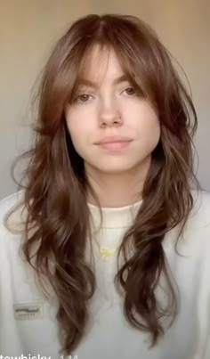 Wispy Bangs Frizzy Hair, 70s Hairstyles Wavy Hair, Long Hair Curtain Bangs Hairstyles, 70s Wolfcut Hair, Shaggy Layered Haircuts Long Wavy, Haircut Ideas Wavy Hair Medium, Wolfcut Hair Long Wavy With Bangs, Wispy Fringe Wavy Hair, Ayla Woodruff Hair