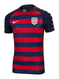 the nike usa soccer jersey is shown in red, blue and white stripes with stars on it