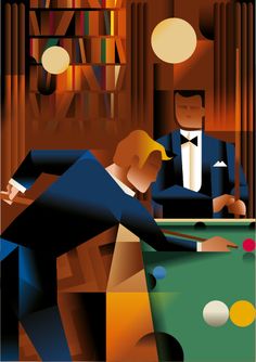 two men in tuxedos are playing pool