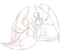 a drawing of an angel sitting on the ground next to a man with his hands in his pockets