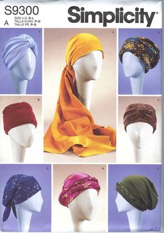 Uncut Simplicity sewing pattern 9300 Misses' Turbans, Headwraps & Hats FF Uncut and in Factory Folded. Welding Cap Pattern, Printable Sewing Patterns, Hat Patterns To Sew, Head Scarves, Cap Patterns, Chemo Caps, Turban Headwrap, Chemo Hat, Mccalls Sewing Patterns