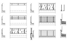 some drawings of different types of benches and railings, all in black and white