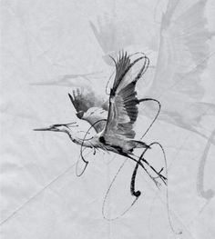 a bird flying through the air on top of a piece of paper