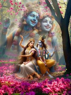 two deities in the woods surrounded by flowers