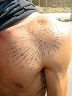 the back of a man with tattoos on his body