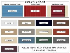 the color chart for different types of paint colors and their corresponding names are shown below