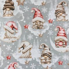 an image of christmas gnomes and stars on a gray background with snowflakes