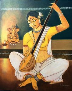 a painting of a woman sitting on the ground holding a musical instrument in her hand