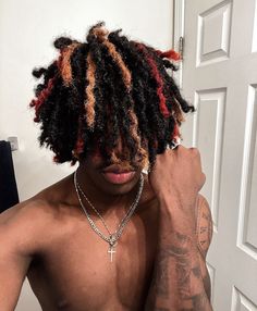 Male Dyed Locs, Hair Color Ideas Dreads Men, Red And Blonde Dreads Men, Dreads In Face, Blonde Red Highlights Brown Hair, Dread Inspo Men, Dreads Colors Men, Men Loc Color Ideas, Hair Dye Ideas Dreads