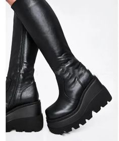 LOVEMI - Platform wedge heel boots Ladies Long Boots, Popular Boots, Wedge Heel Boots, Platform Wedge Heels, High Heel Wedges, Black Heel Boots, Black Side, Black Wedges, Wedge Boots