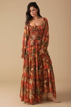 A printed woven maxi dress featuring square neckline with single layer ruffle and tie, smocked bodice, long sleeve and tiered skirt Details: Self : 100% PolyesterLining : 100% Polyester Size & Fit - Model is 5`8" And Wearing Size Small- Measurements Taken From Size Small- Approx. Length: 61" What To Wear Fall, Skirt Details, Flying Tomato, Dress Satin, Curve Dresses, Casual Sets, Tiered Skirt, Color Rosa, Guest Dresses