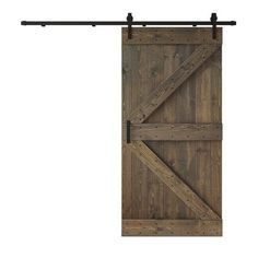 an open barn door with black hardware and wooden planks on the bottom, against a white background