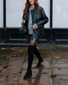 Love over the knee boots or knee high boots for winter, perfect styling for a winter outfit, paired with oversized leather jacket Oversized Leather Jacket, Boots For Winter, Boots For Fall, Over The Knee Boots, Over The Knee