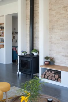 a living room filled with furniture and a fire place in the middle of it's wall