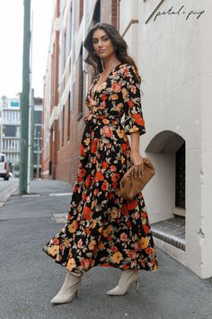 Fall maxi dress, black floral dress, floral maxi dress, long sleeve dress, red florals, black dress Floral Long Sleeve Dress, Petal And Pup, Cute Thanksgiving Outfits, Thanksgiving Outfit Women, Thanksgiving Outfit Ideas, What To Wear Fall, Black Tie Wedding Guests, White Dress Shoes, Thanksgiving Outfits