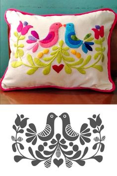 two birds sitting on top of a pillow next to a wall with the same design