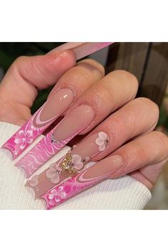 SINHOT Long Press on Nails Pink Square Fake Nails 3D Flower Acrylic Nails Glossy Glue on Nails 3D Butterfly Squoval Artificial Nails Stick on French Tip False Nails with Design 24 pcs Long Press On Nails, French Manicure Nails, Nagel Tips, Pink Gel, Coffin Press On Nails, Fake Nails With Glue, Nail Length, Stick On Nails, Nail Art Hacks