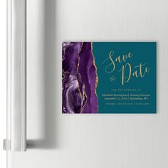 save the date card with purple and gold marble