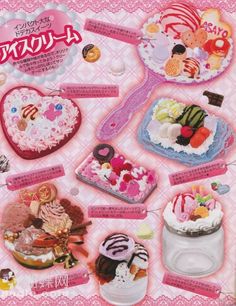 an advertisement for cakes and desserts on display in front of a pink background with japanese characters