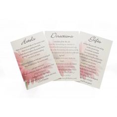 three cards with pink flowers on them and the names of each card in black ink