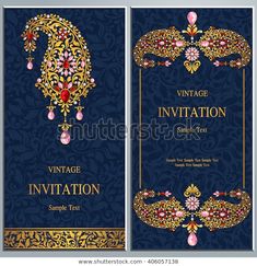 an elegant wedding card with gold and pink flowers on a blue background, in the style of art deco